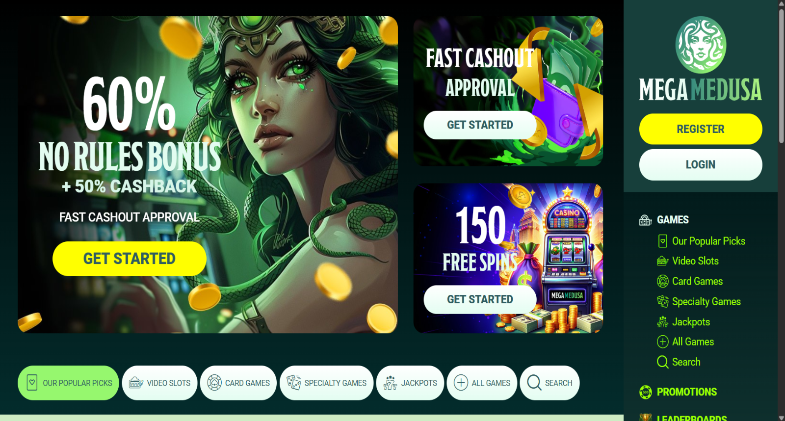 Mega Medusa Australian homepage with its Greek-mythology theme and 251% + 53 free spins welcome bonus