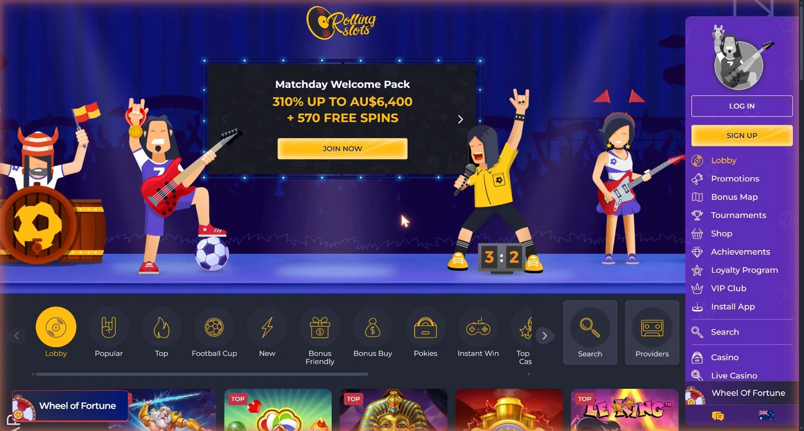 Rolling Slots Australian homepage showing the Matchday Welcome Pack of 300% up to AU$6,400